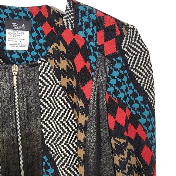 Bali Houndstooth Mix Print Colorful Vegan Leather Trim Zip Front Jacket VTG - 6 - Picture 3 of 6